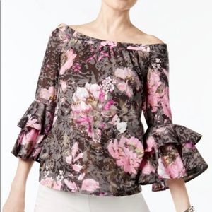 INC Women’s Black and Pink Floral Bell Sleeve Top